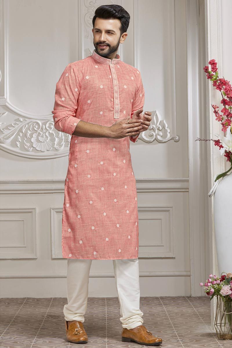 Fetching Cotton Fabric Embroidered Kurta Pyjama In Peach Color