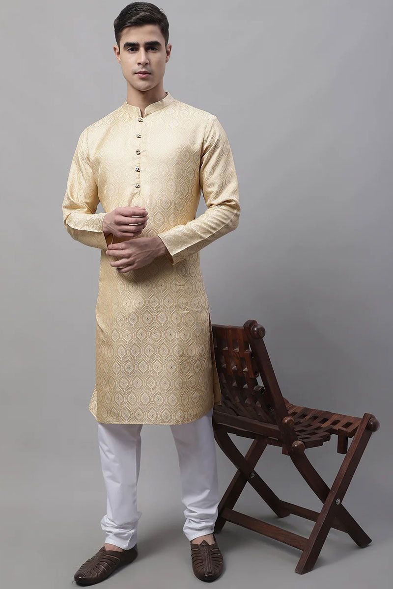 Cotton Fabric Readymade Kurta Pyjama In Beige Color