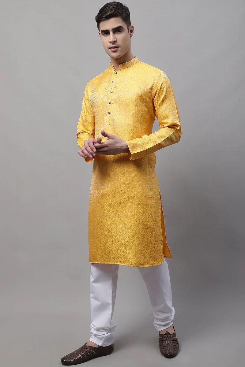 Yellow Color Cotton Fabric Readymade Kurta Pyjama For Men