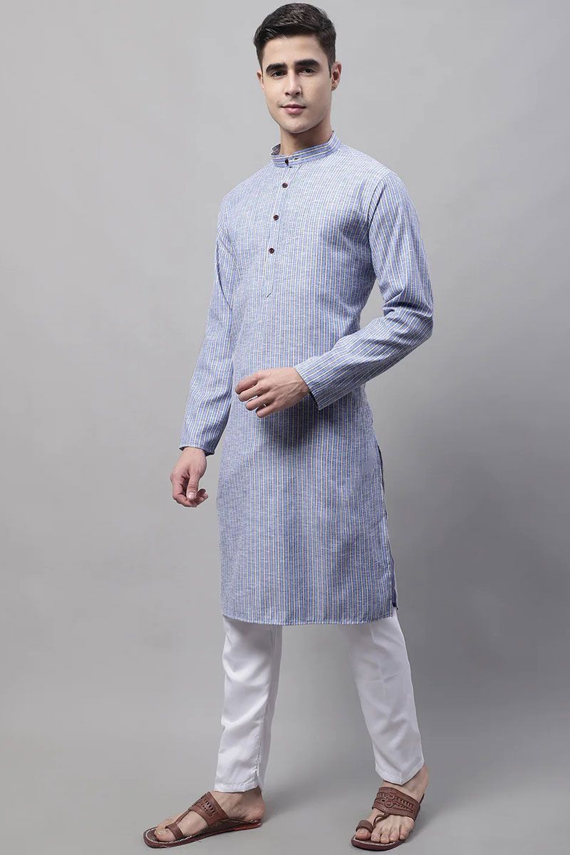 Cotton Fabric Blue Color Function Wear Readymade Kurta Pyjama For Men