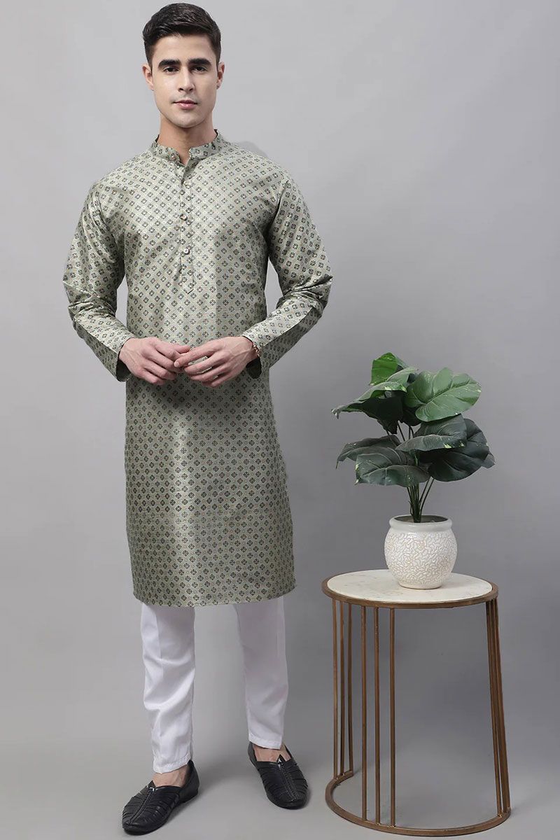 Textured Olive Color Art Silk Fabric Readymade Kurta Pyjama For Men