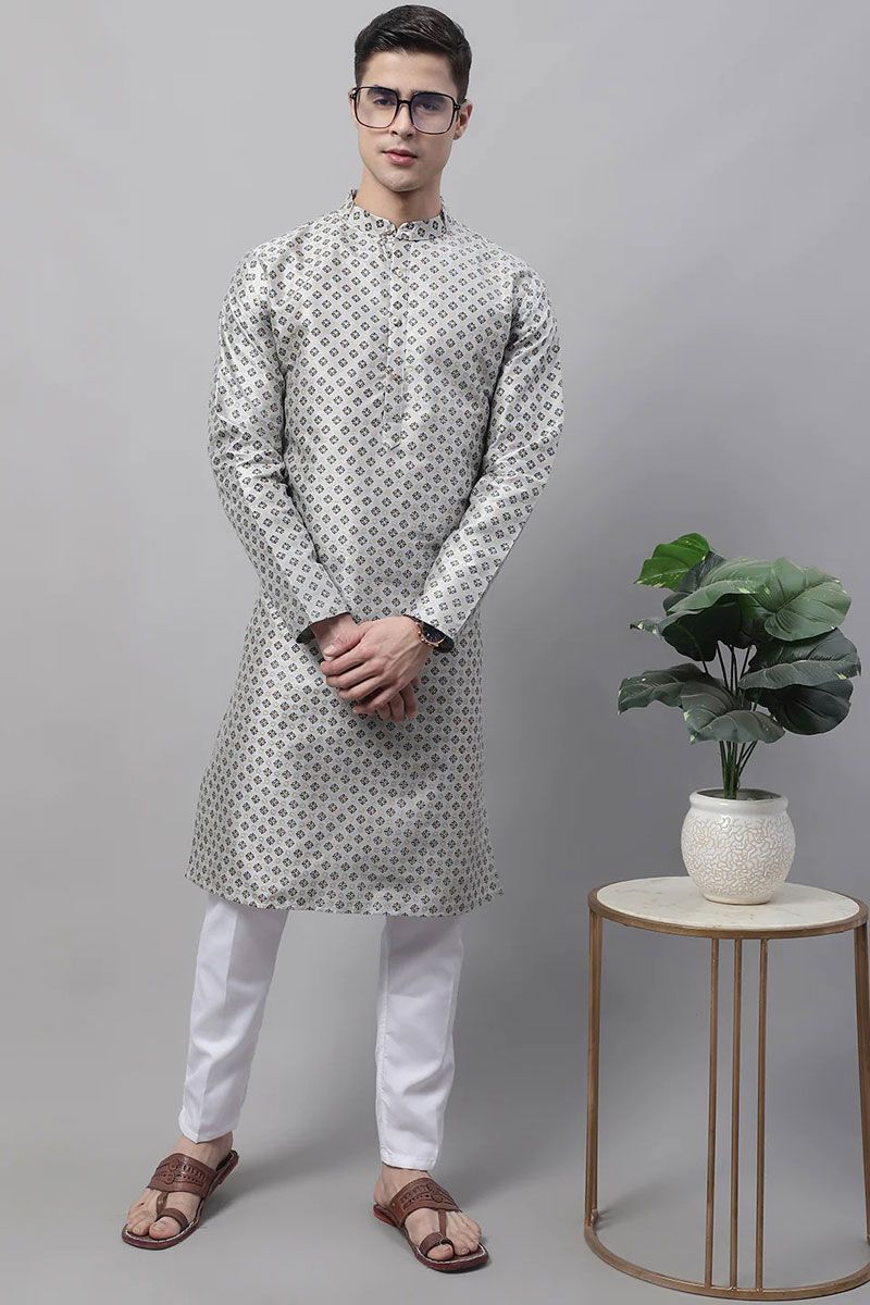 Intriguing Grey Color Readymade Kurta Pyjama For Men