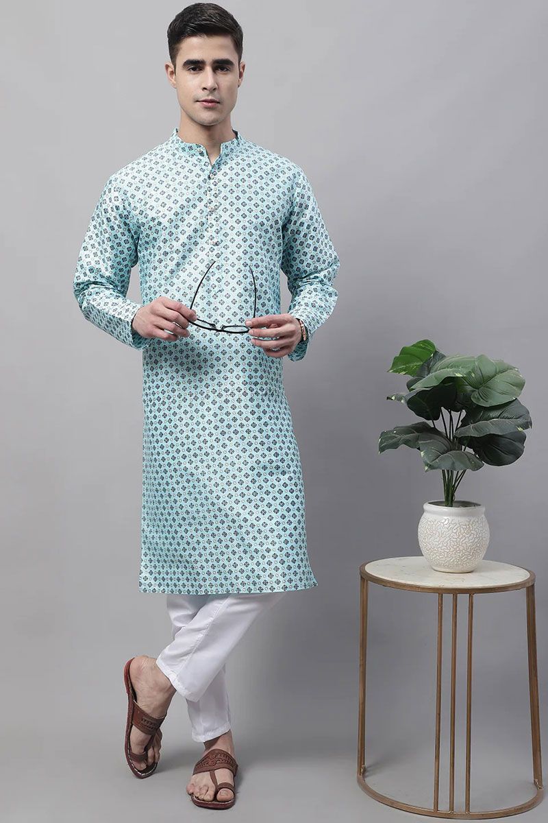 Sky Blue Color Engrossing Readymade Kurta Pyjama For Men