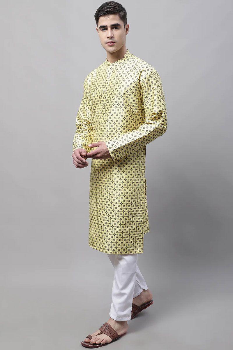 Yellow Color Readymade Kurta Pyjama For Men In Art Silk Fabric