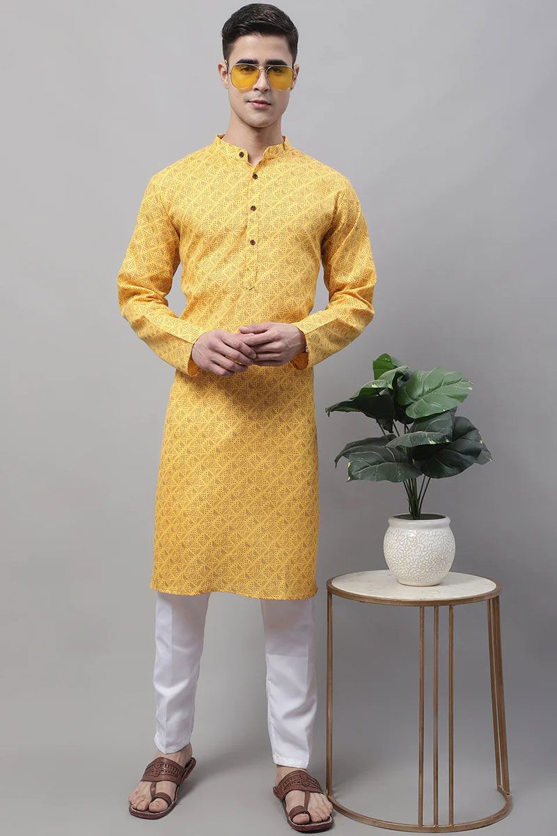 Captivating Cotton Fabric Stylish Readymade Kurta Pyjama For Men