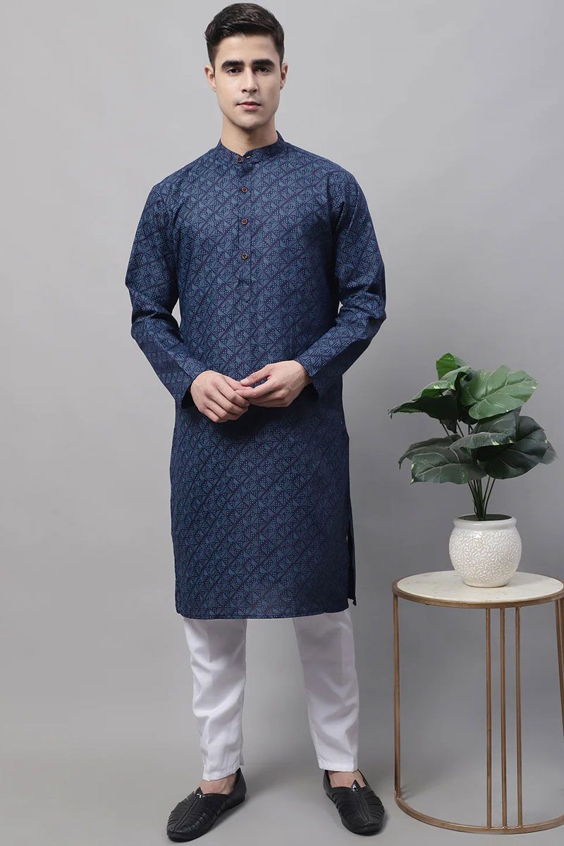 Engaging Navy Blue Color Cotton Fabric Readymade Kurta Pyjama For Men