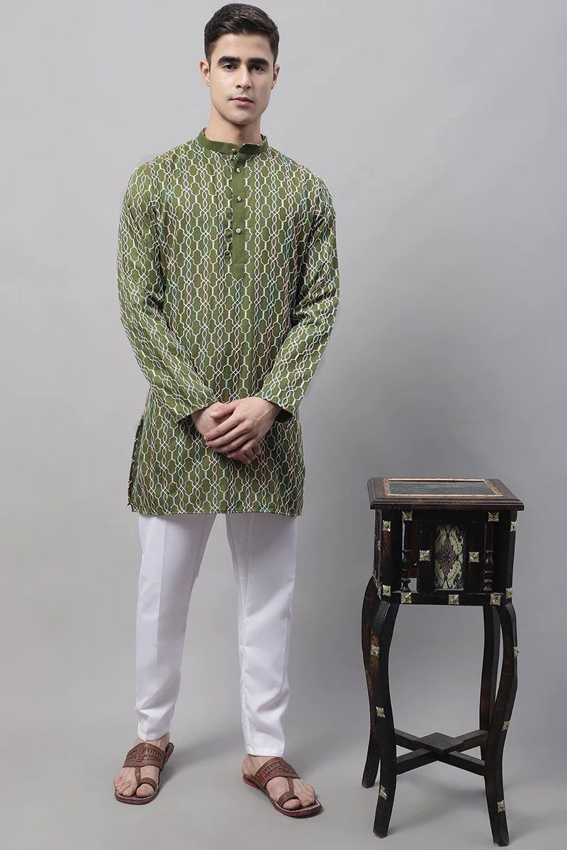 Adorning Olive Color Readymade Kurta Pyjama For Men