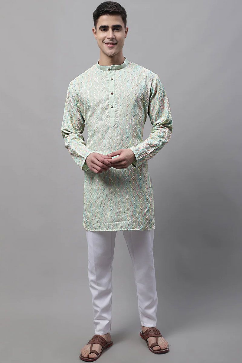 Sea Green Color Cotton Fabric Readymade Kurta Pyjama For Men