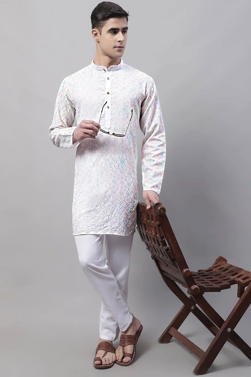 Majestic White Color Readymade Kurta Pyjama For Men