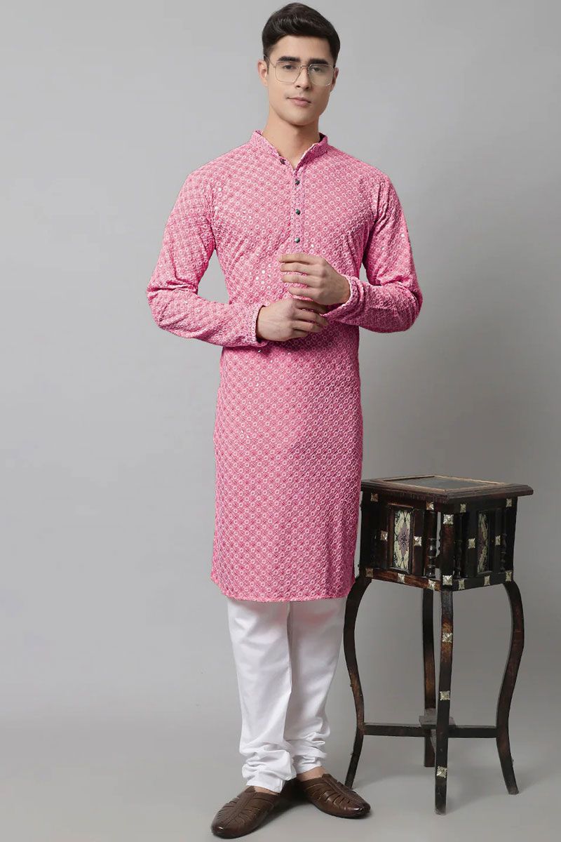 Pink Color Cotton Fabric Readymade Kurta Pyjama For Men