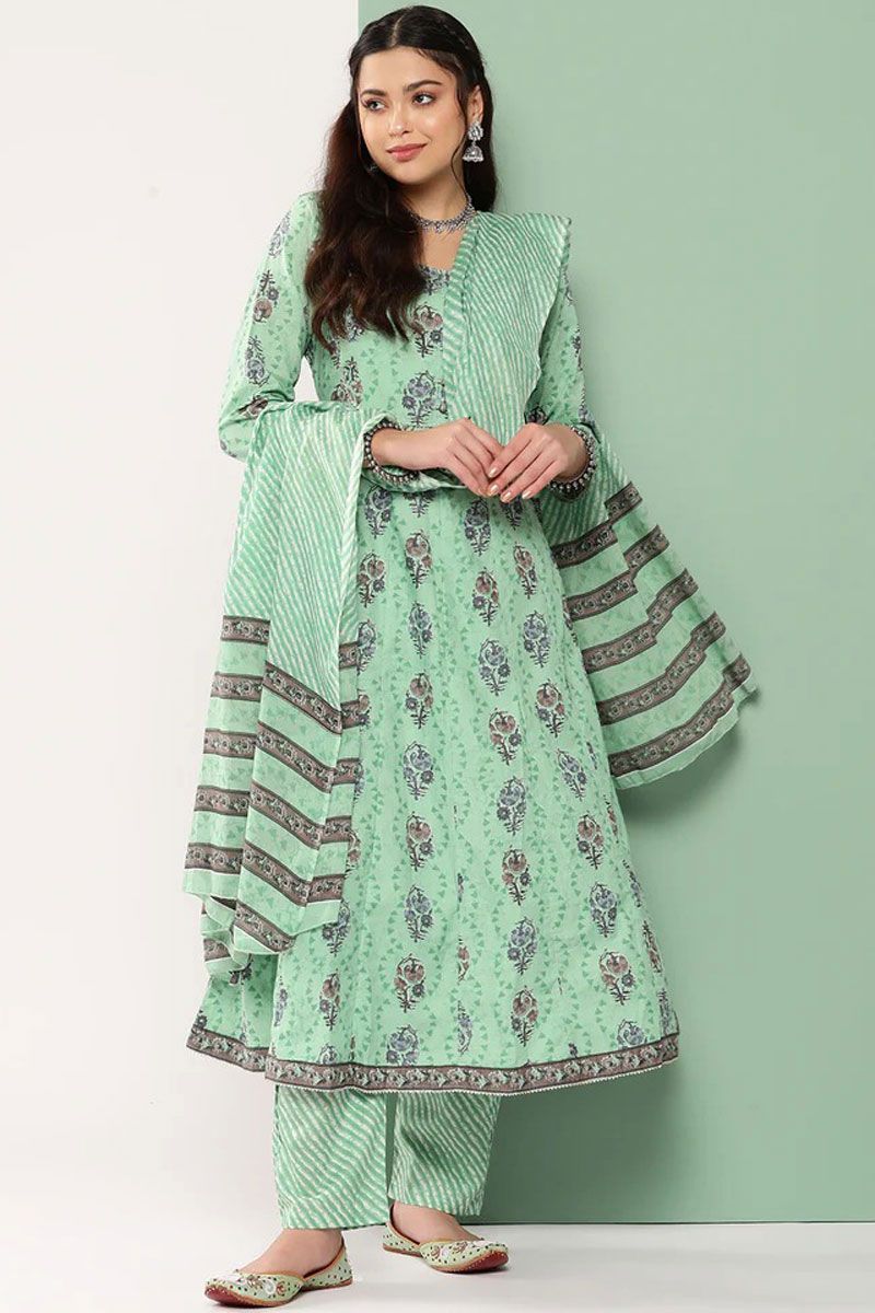 Cotton Printed Top Bottom Dupatta Set In Sea Green Color