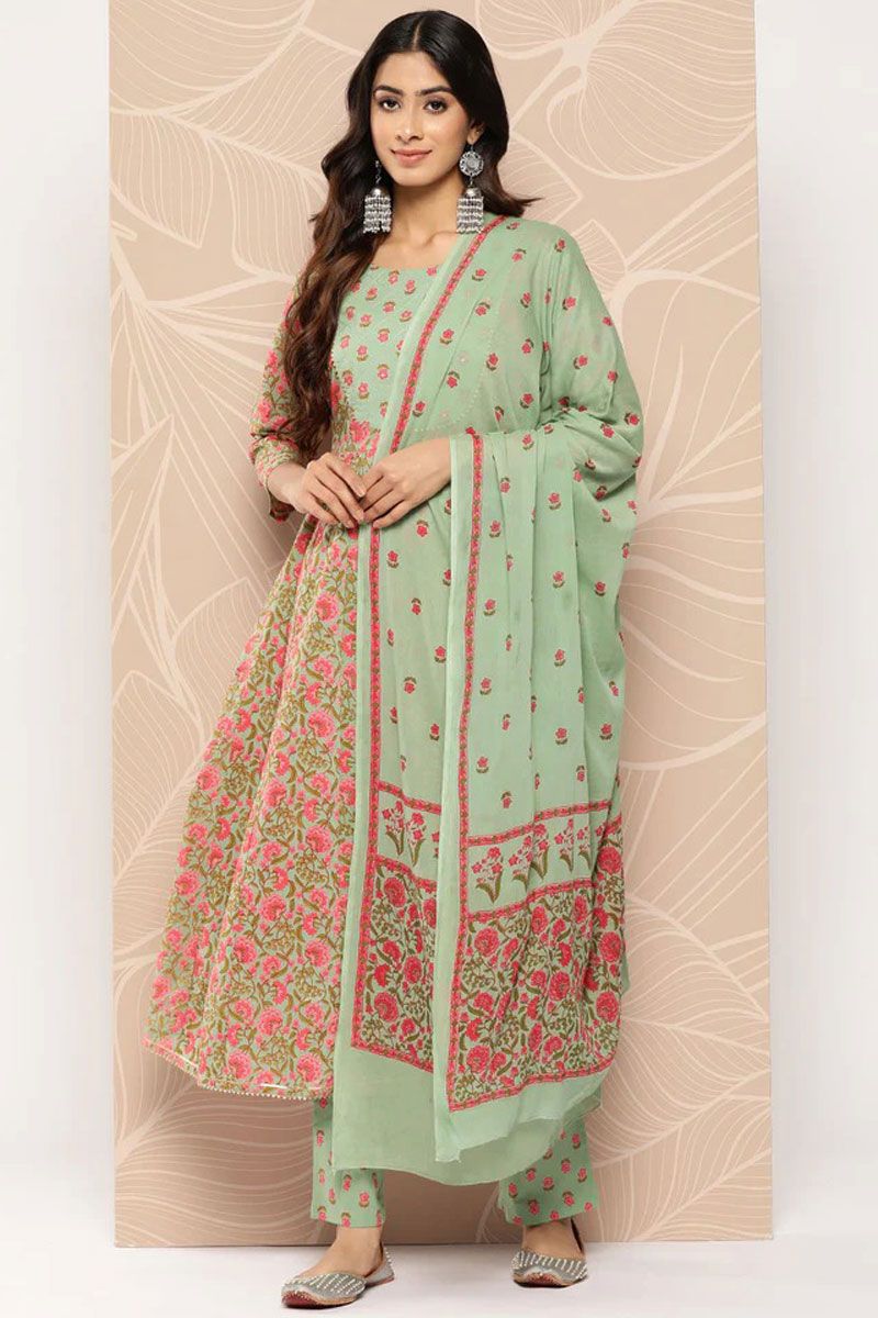 Printed Top Bottom Dupatta Set In Sea Green Color