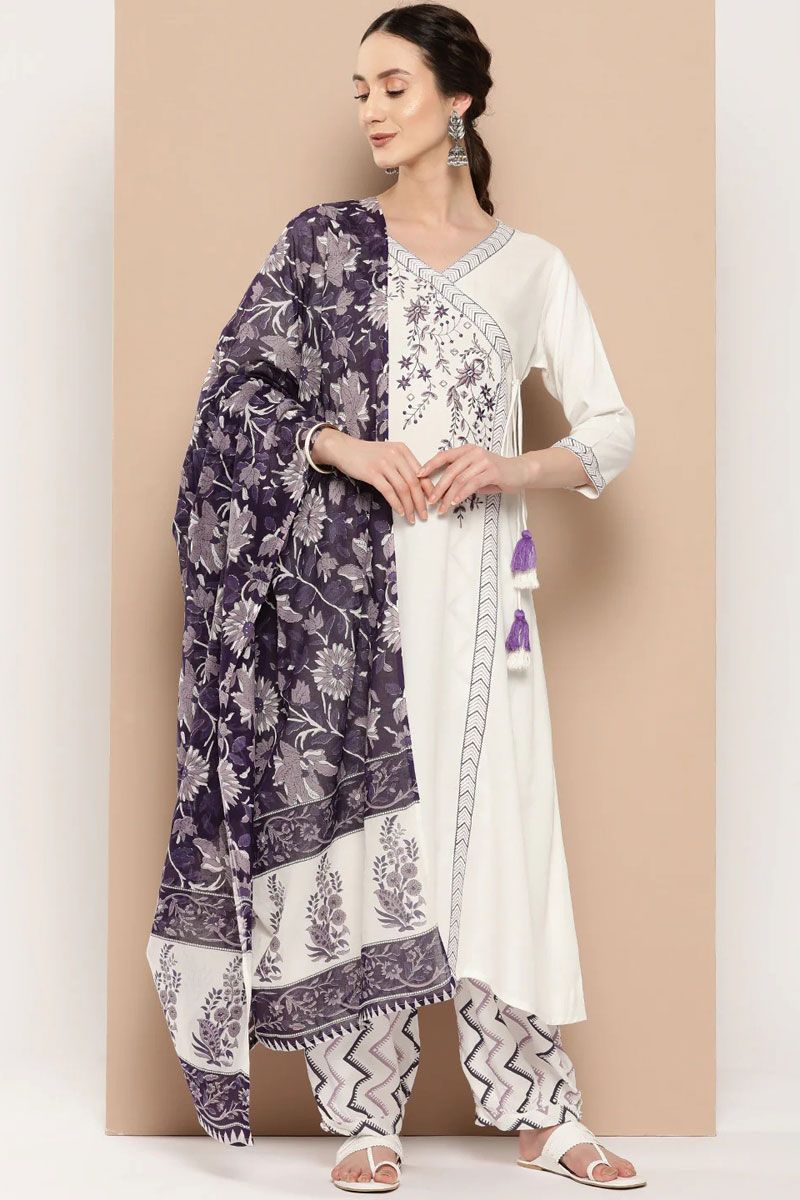 Rayon Embroidered Top Bottom Dupatta Set In White Color