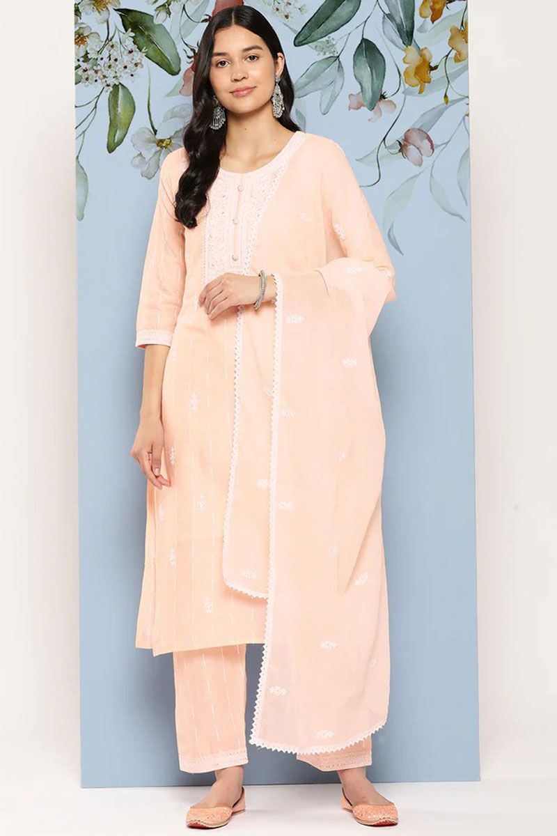 Peach Color Ingenious Cotton Embroidered Top Bottom Dupatta Set