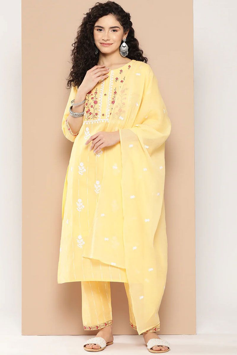 Yellow Color Appealing Cotton Embroidered Top Bottom Dupatta Set