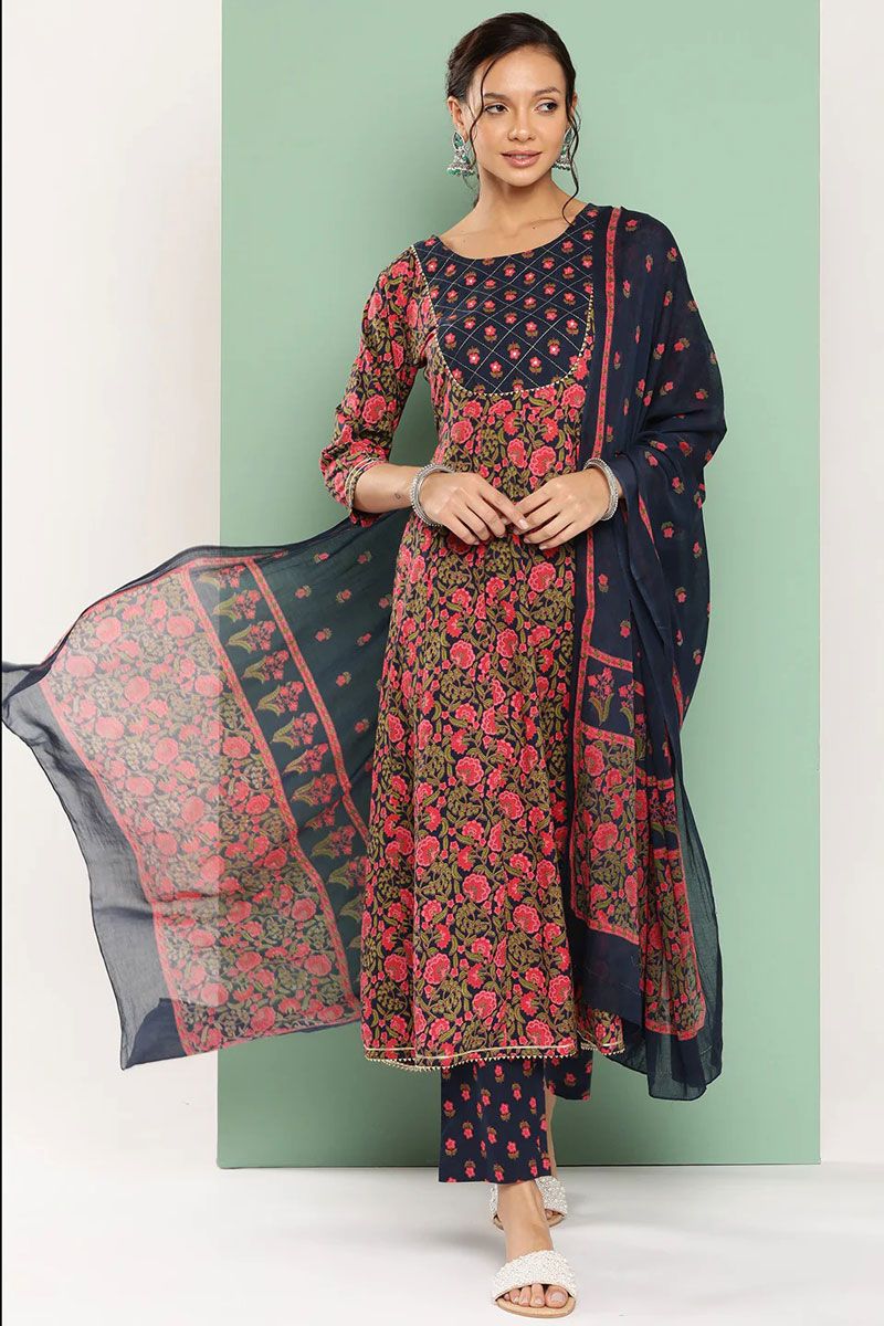 Navy Blue Color Vintage Cotton Embroidered Top Bottom Dupatta Set