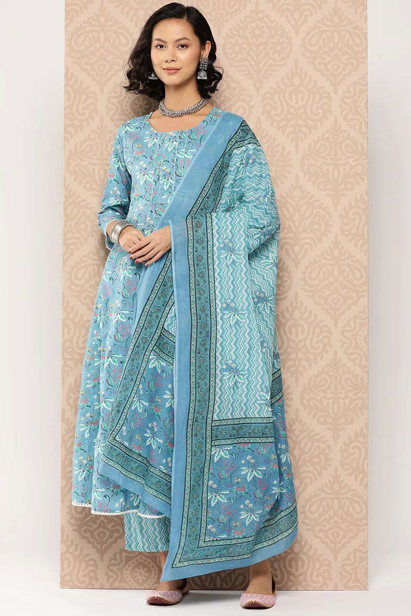 Sky Blue Color Attractive Cotton Printed Top Bottom Dupatta Set