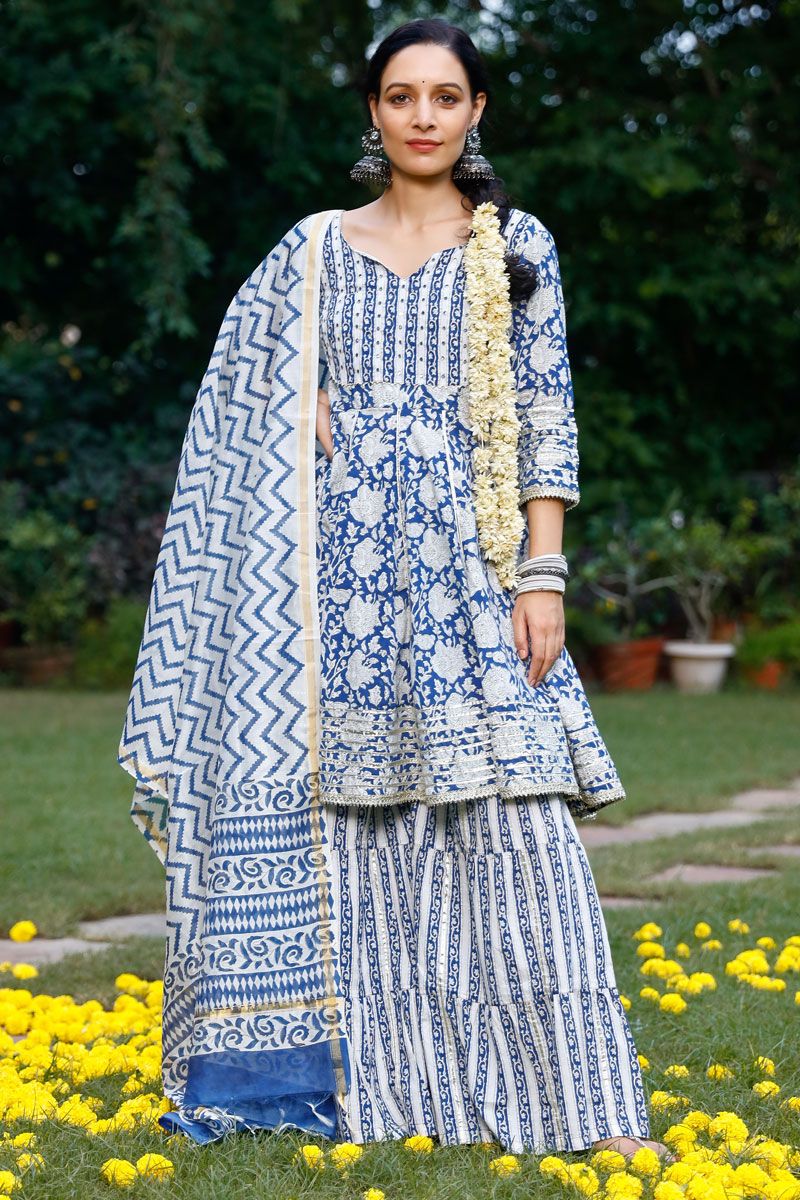 White And Blue Color Cotton Luminous Top Bottom Dupatta Set