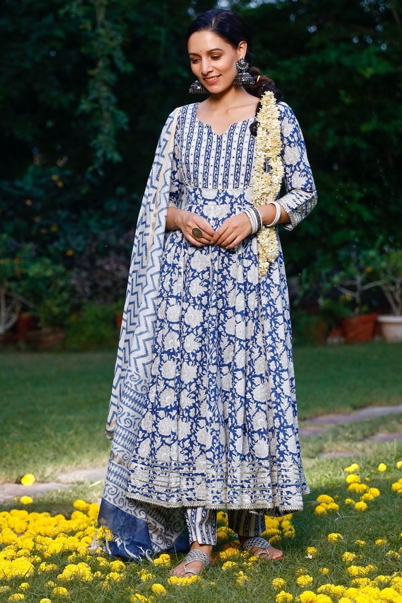 White And Blue Color Cotton Engaging Top Bottom Dupatta Set