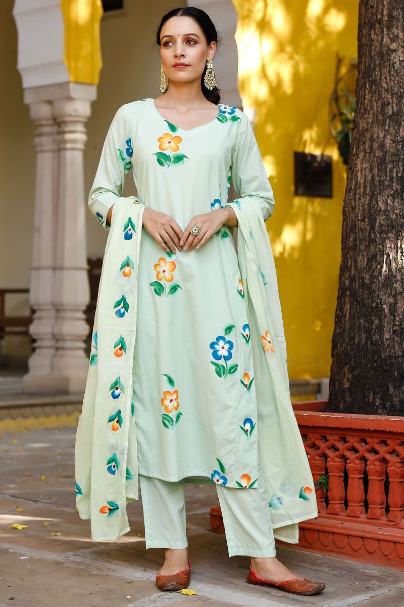 Sea Green Color Cotton Exceptional Top Bottom Dupatta Set