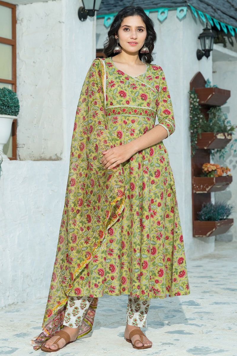 Olive Color Cotton Magnificent Top Bottom Dupatta Set