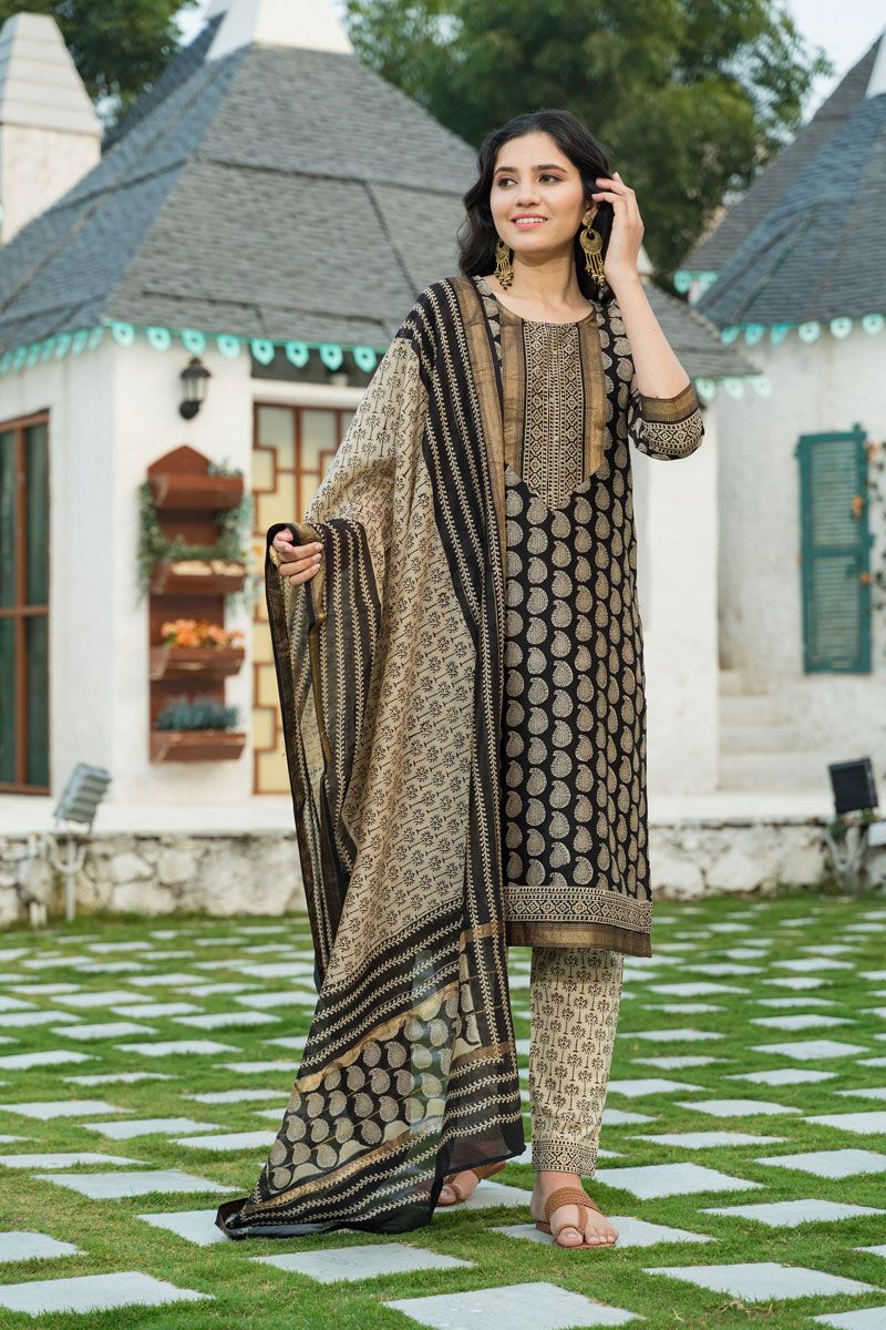 Fancy Fabric Imposing Black Color Top Bottom Dupatta Set