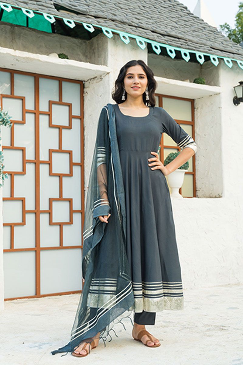 Dark Grey Color Rayon Bewitching Top Bottom Dupatta Set