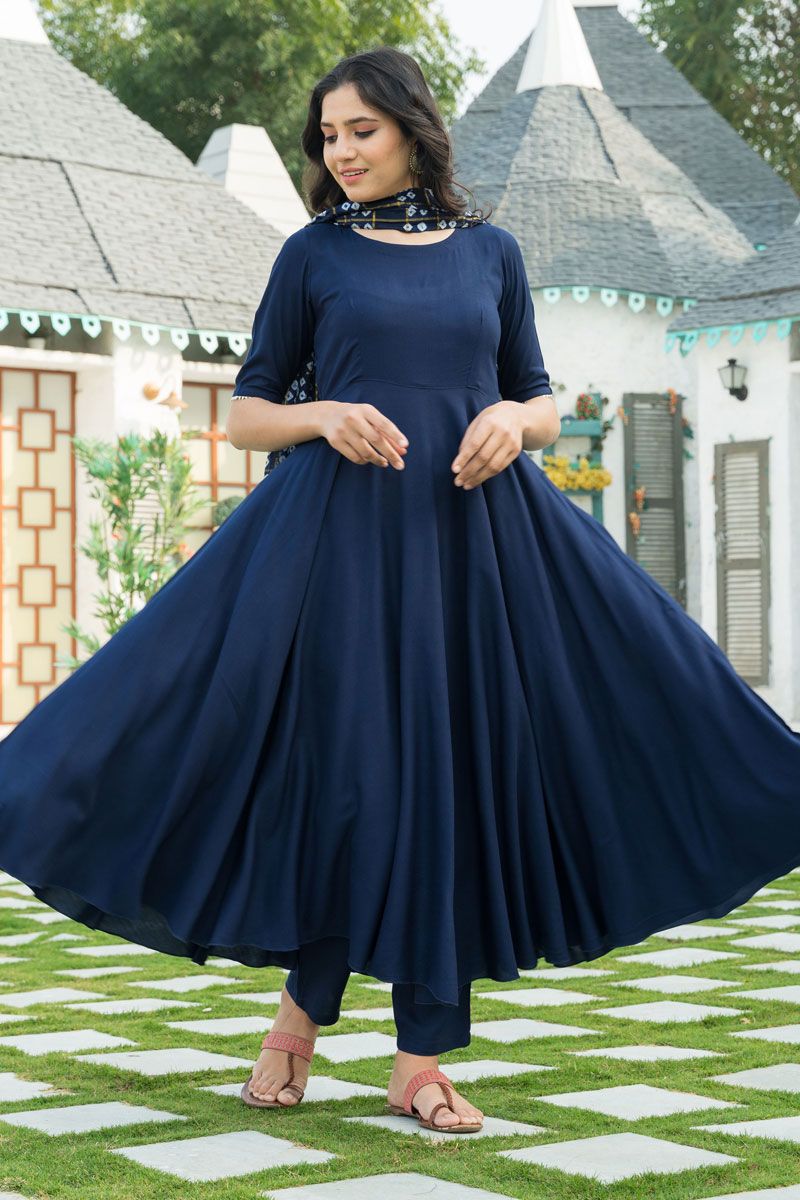 Navy Blue Color Rayon Vintage Top Bottom Dupatta Set