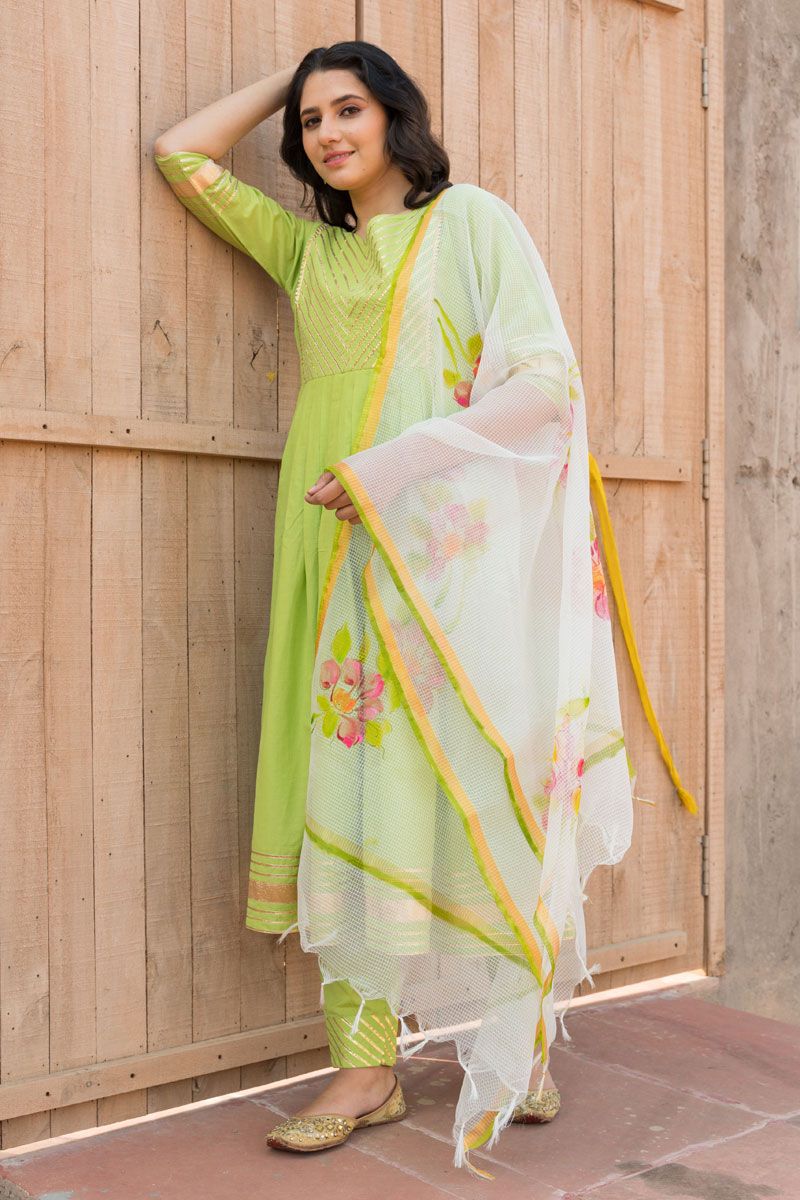 Green Color Cotton Wonderful Top Bottom Dupatta Set