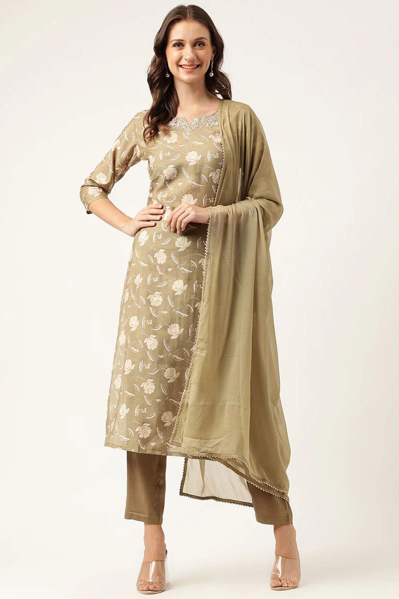 Olive Color Printed Cotton Classic Top Bottom Dupatta