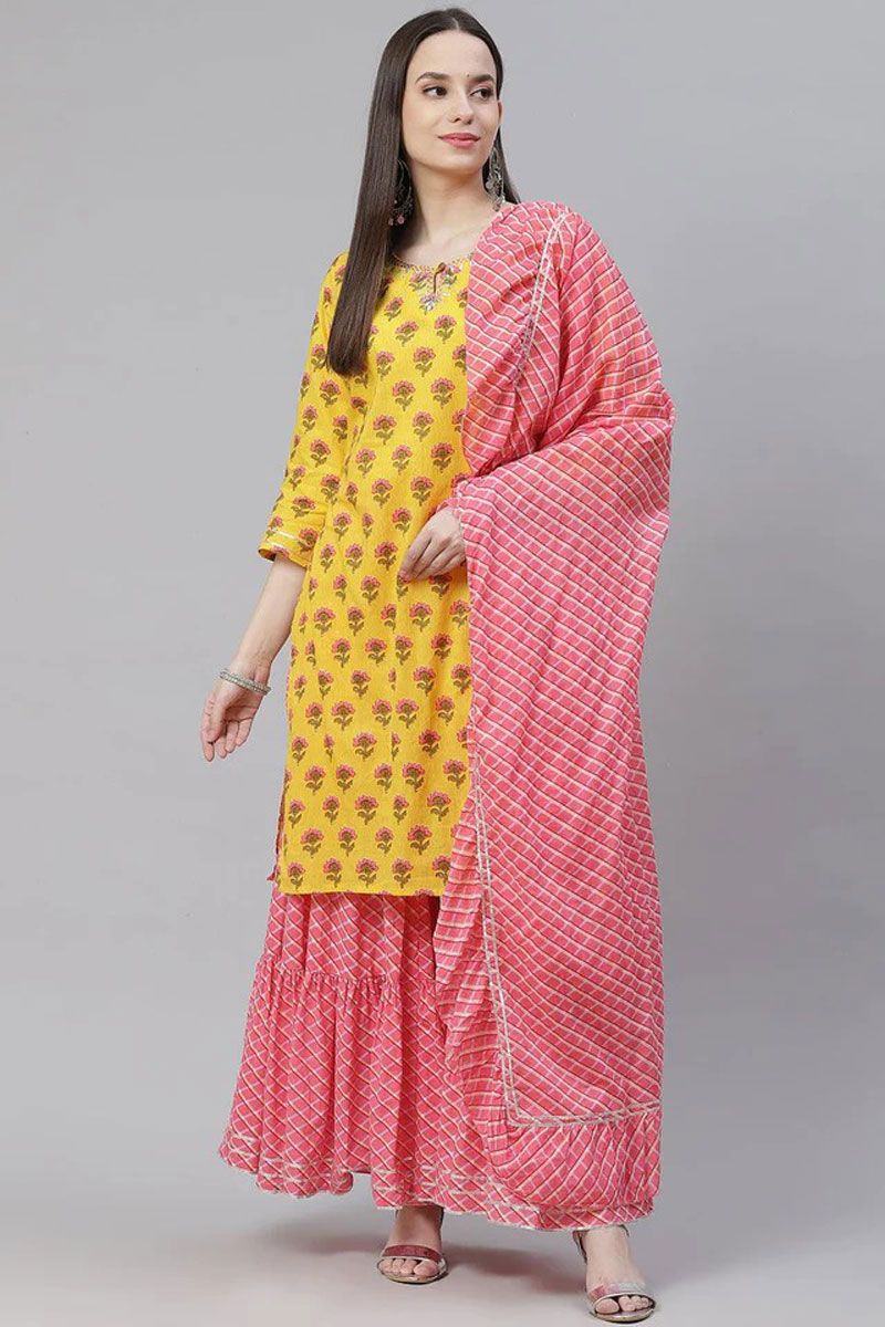 Cotton Printed Traditional Sharara Suit In Yellow Color