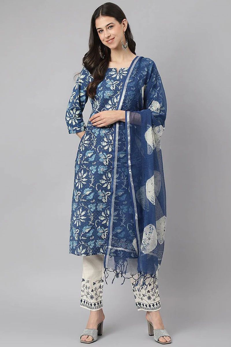 Cotton Printed Contemporary Style Blue Top Bottom Dupatta Set