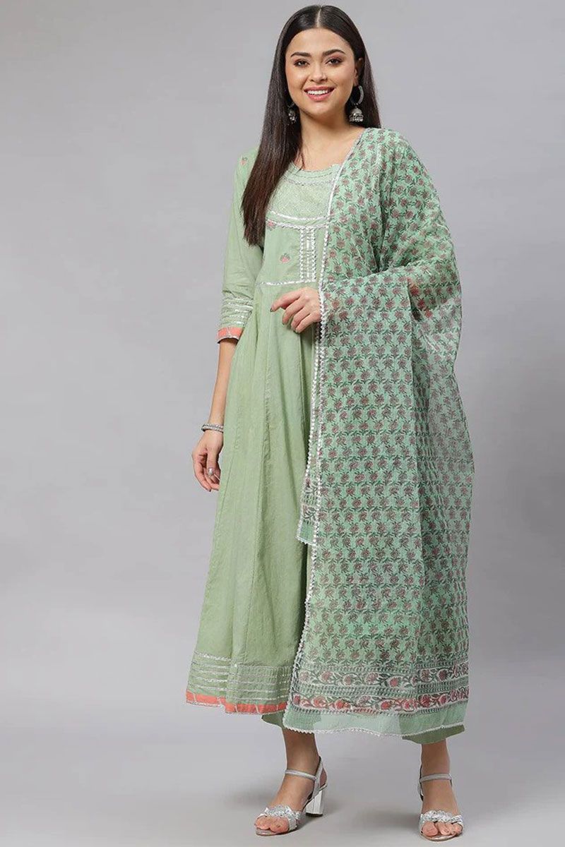 Printed Cotton Vintage Top Bottom Dupatta Set In Sea Green Color