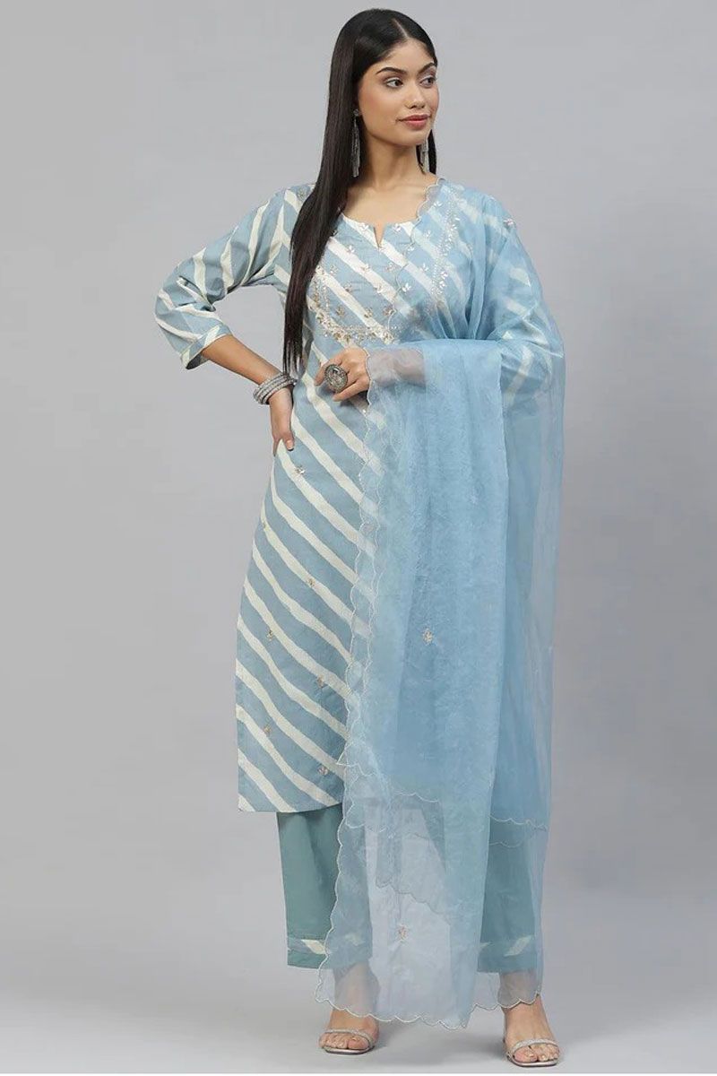 Light Cyan Color Cotton Trendy Top Bottom Dupatta Set