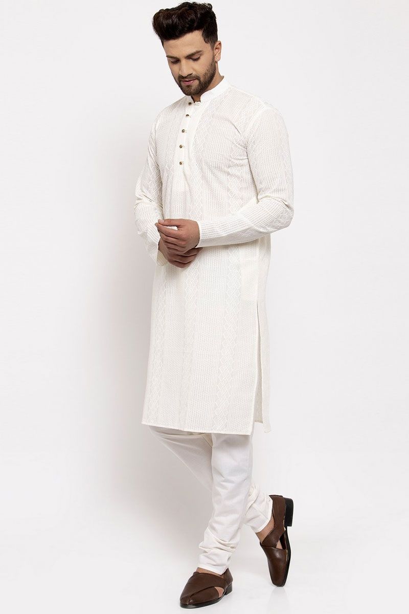 Cotton Fabric Cream Color Festival Wear Readymade Kurta