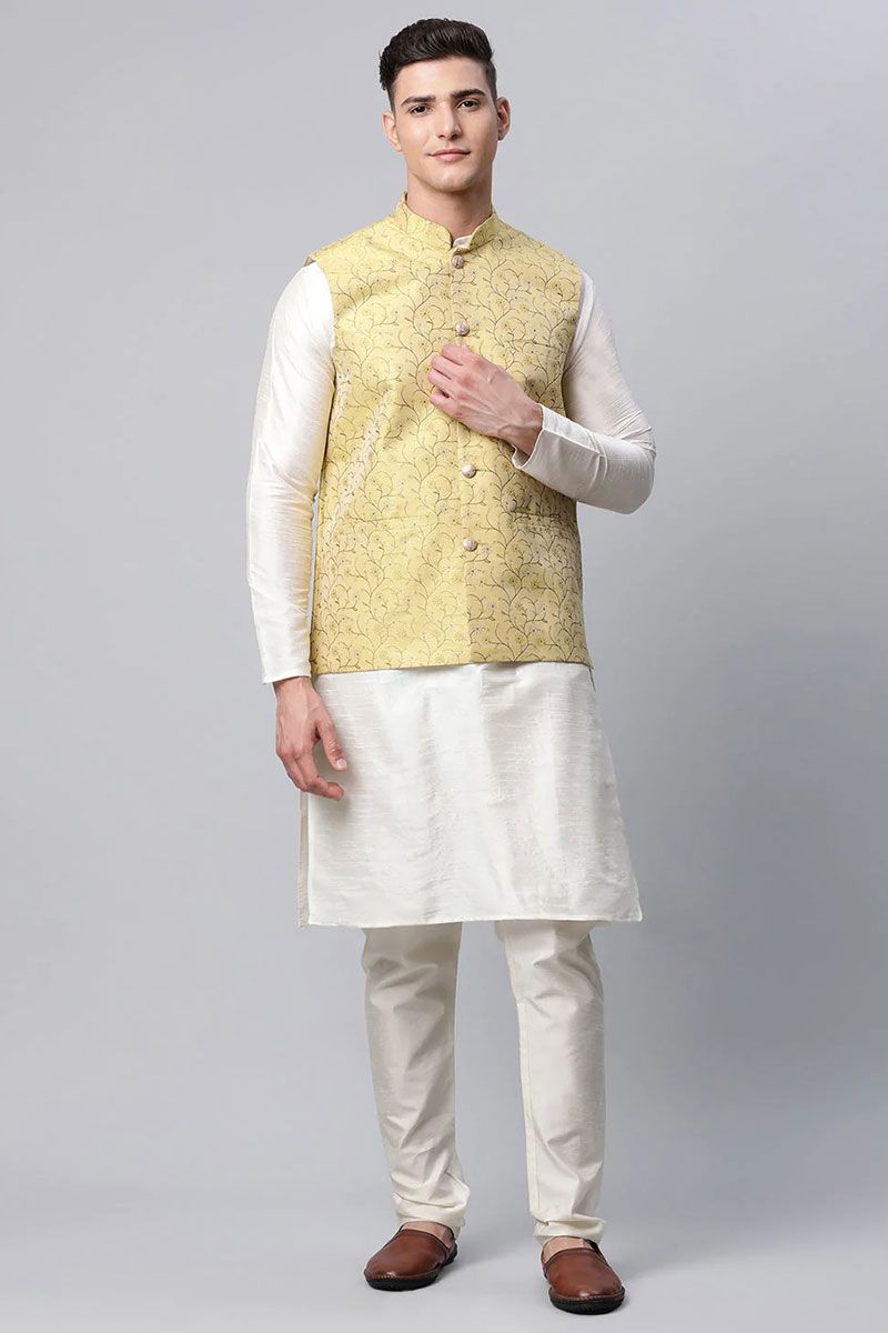 Art Silk Fabric Festival Wear White Color Kurta Pyjama With Yellow Jacket