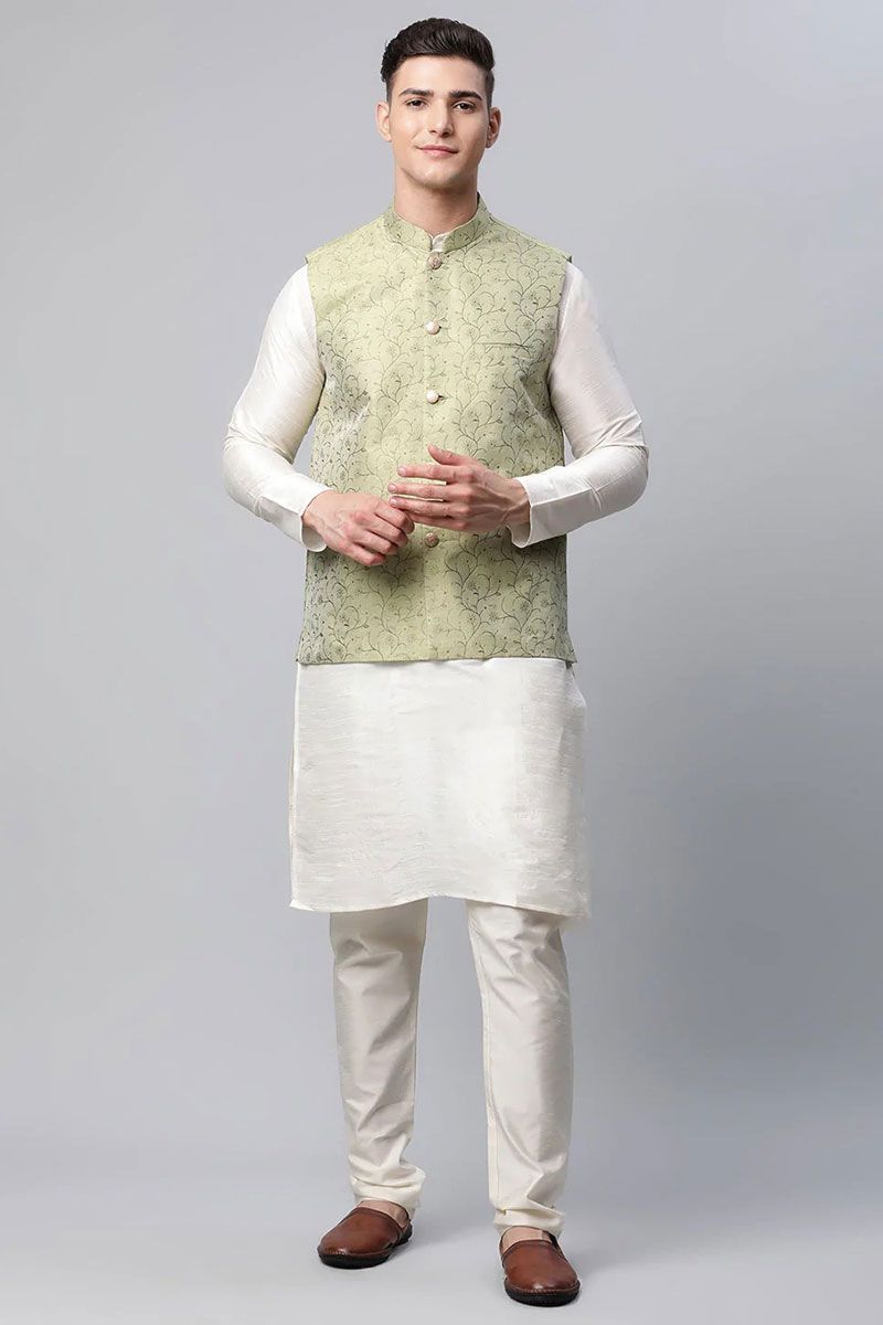 Art Silk Fabric White Color Kurta Pyjama With Sea Green Jacket In Festival Wear