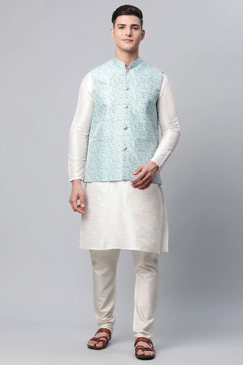 White Color Festival Wear Kurta Pyjama With Sky Blue Jacket In Art Silk Fabric