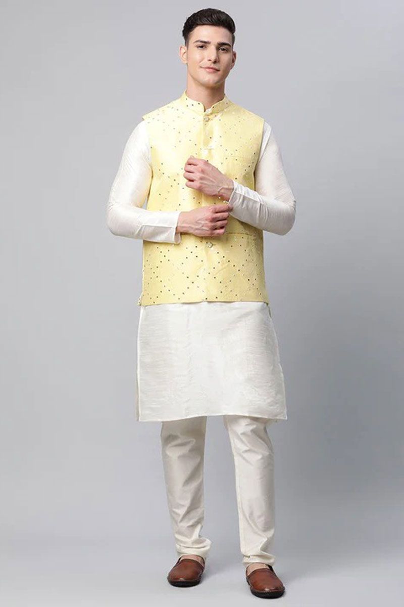 Art Silk Fabric White Color Festival Wear Kurta Pyjama With Yellow Jacket