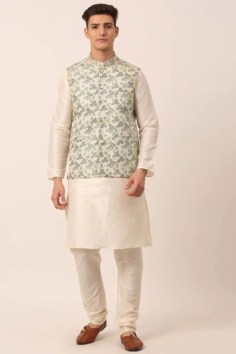 White Color Art Silk Fabric Kurta Pyjama With Grey Jacket In Festival Wear