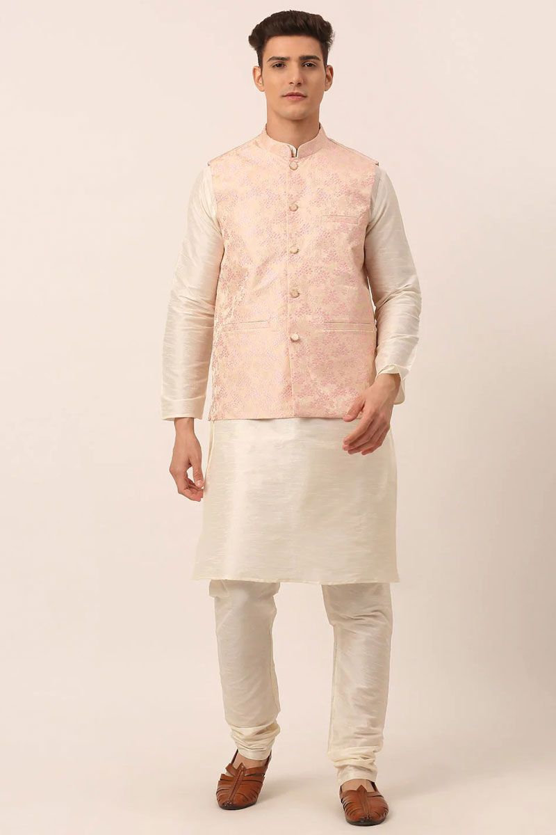 Art Silk Fabric Festival Wear White Color Kurta Pyjama With Pink Jacket