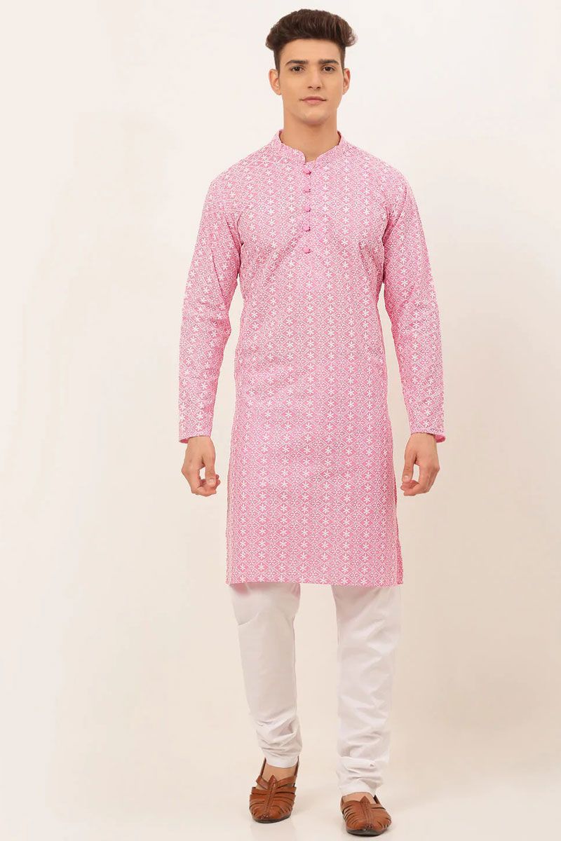 Festival Wear Pink Color Cotton Fabric Readymade Kurta Pyjama set