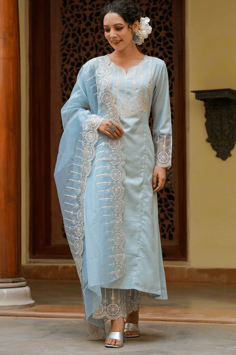 Casual Wear Sky Blue Color Art Silk Top Bottom Dupatta Set with Embroidered Work