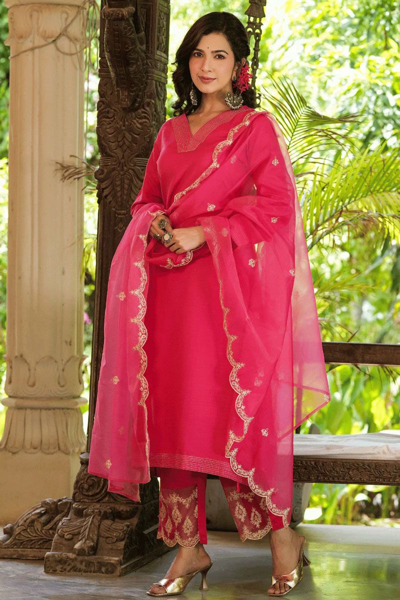 Cotton Pink Color Top Bottom Dupatta Set with Embroidered Work