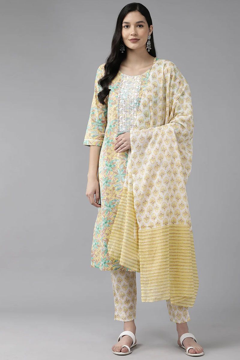 Casual Wear Embroidered Cotton Top Bottom Dupatta Set In Yellow Color