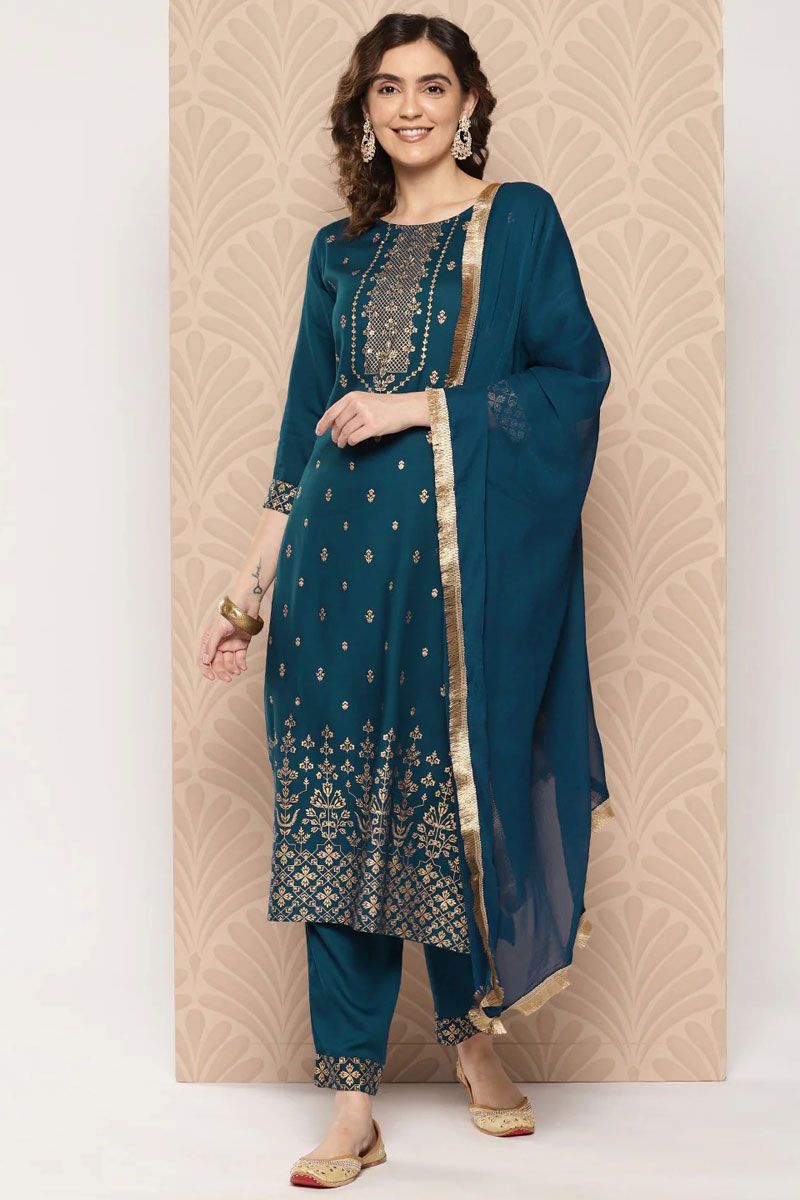 Teal Color Chic Rayon Top Bottom Dupatta Set with Embroidered Work