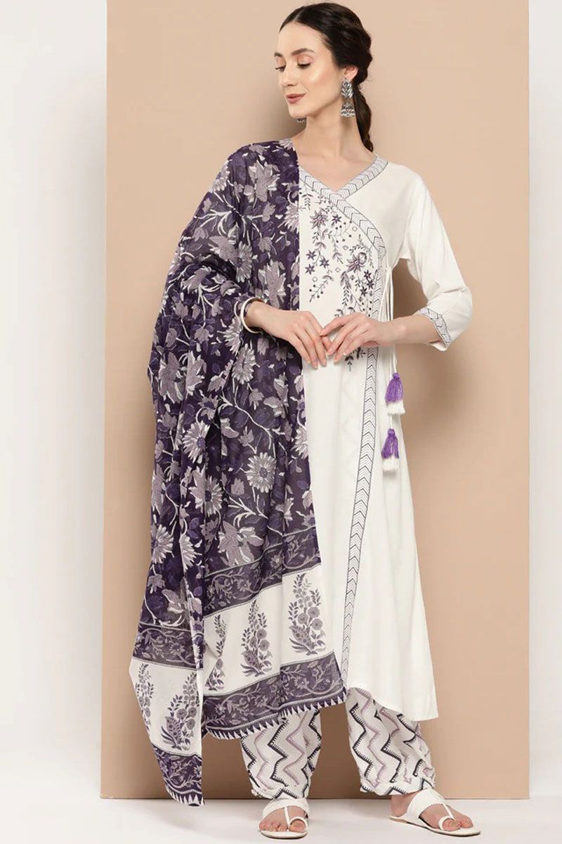 Casual Fashion Rayon Top Bottom Dupatta Set with Embroidered Work In White Color