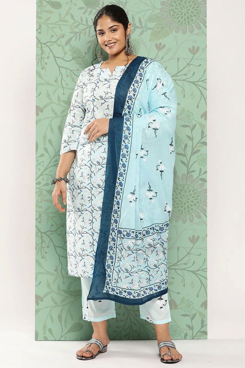 Casual Style Cotton White Color Plus Size Top Bottom Dupatta Set with Printed Work