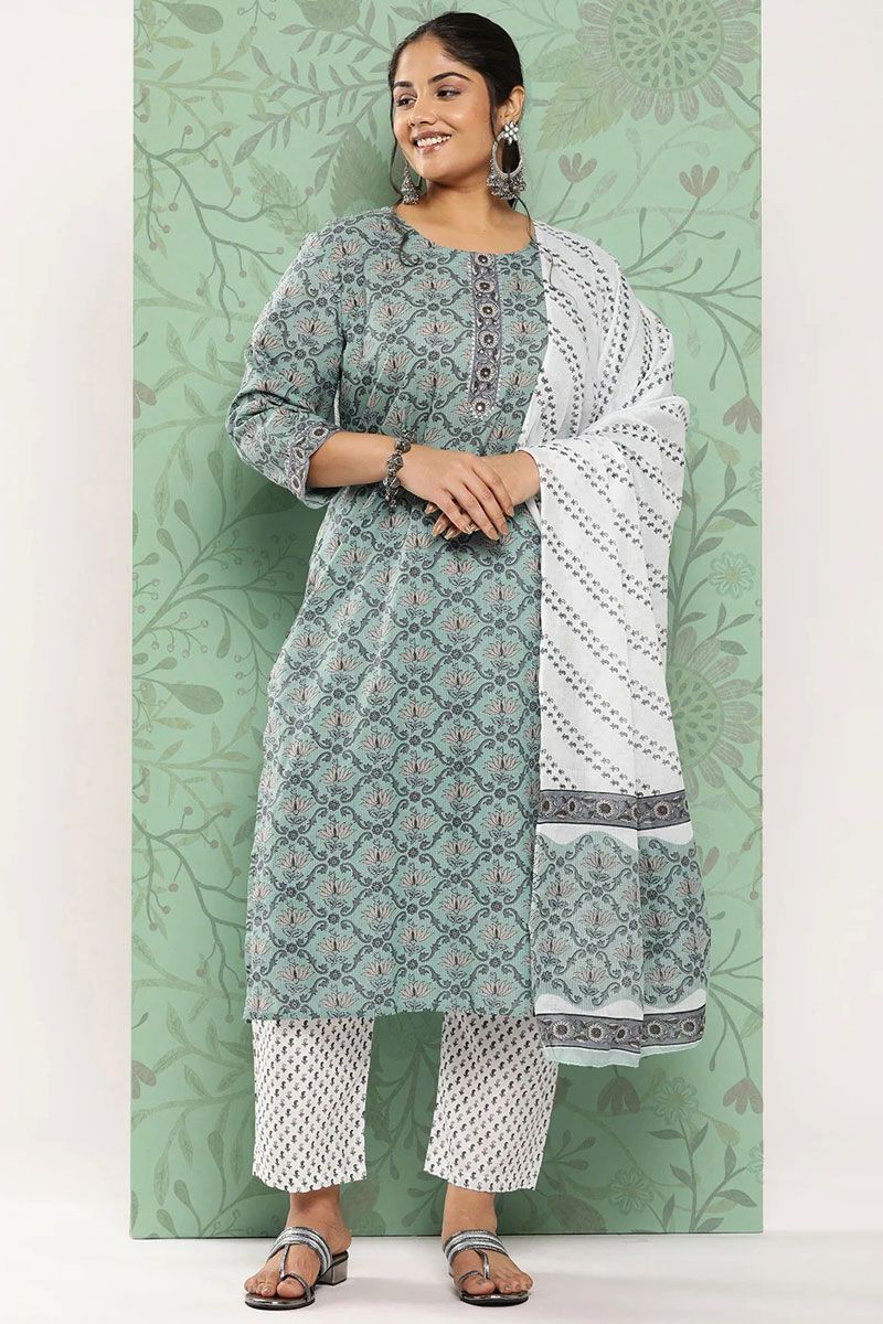 Cotton Sea Green Color Plus Size Top Bottom Dupatta Set with Printed Work