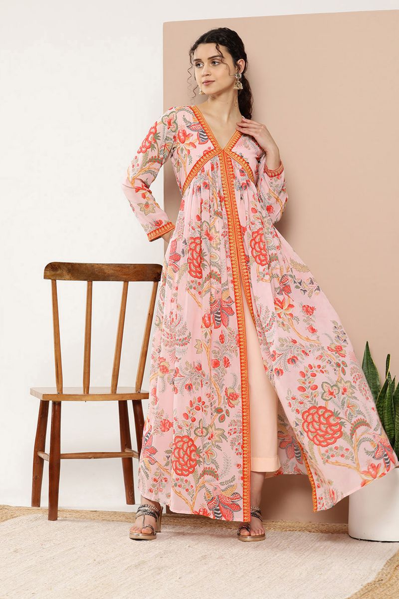 Printed Pink Georgette Readymade Kurti With Bottom